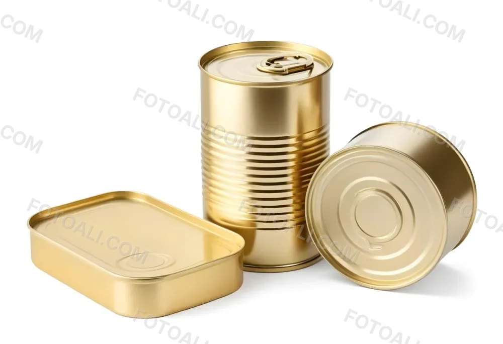 Three Golden Cans Of Different Shapes And Sizes One Rectangular One Cylindrical And One Circular On A White Background 2 5225