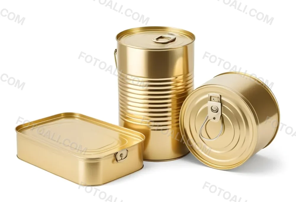 Three Golden Cans Of Different Shapes And Sizes One Rectangular One Cylindrical And One Circular On A White Background 3 3eb8