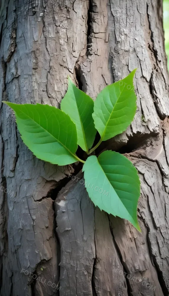 Three Green Leaves Growing From A Tree Trunk The Leaves Are Bright Green And Healthy The Tree Trunk Is Green And Weathered Nature Concept 23 493c