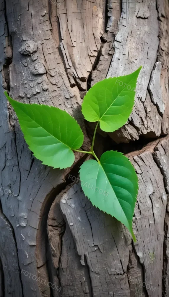Three Green Leaves Growing From A Tree Trunk The Leaves Are Bright Green And Healthy The Tree Trunk Is Green And Weathered Nature Concept 30 4afc