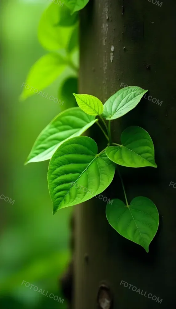 Three Green Leaves Growing From A Tree Trunk The Leaves Are Bright Green And Healthy The Tree Trunk Is Green And Weathered Nature Concept 43 6b0f