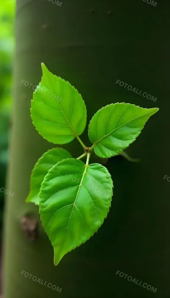 Three Green Leaves Growing From A Tree Trunk The Leaves Are Bright Green And Healthy The Tree Trunk Is Green And Weathered Nature Concept 44 D387