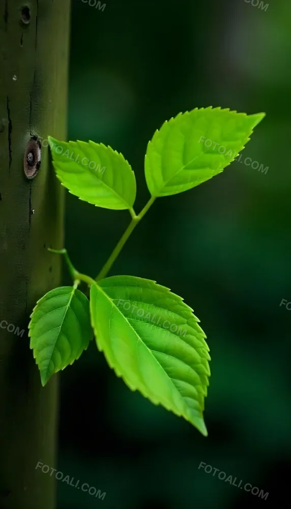 Three Green Leaves Growing From A Tree Trunk The Leaves Are Bright Green And Healthy The Tree Trunk Is Green And Weathered Nature Concept 45 8e3b