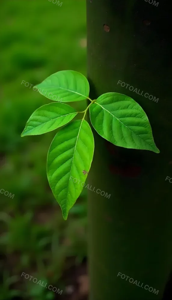 Three Green Leaves Growing From A Tree Trunk The Leaves Are Bright Green And Healthy The Tree Trunk Is Green And Weathered Nature Concept 48 8c1d
