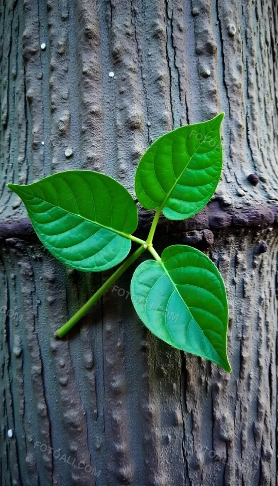Three Green Leaves Growing From A Tree Trunk The Leaves Are Bright Green And Healthy The Tree Trunk Is Green And Weathered Nature Concept 5 6588