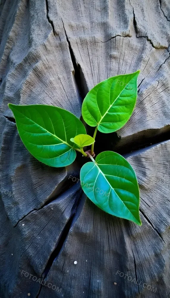 Three Green Leaves Growing From A Tree Trunk The Leaves Are Bright Green And Healthy The Tree Trunk Is Green And Weathered Nature Concept 8 C730