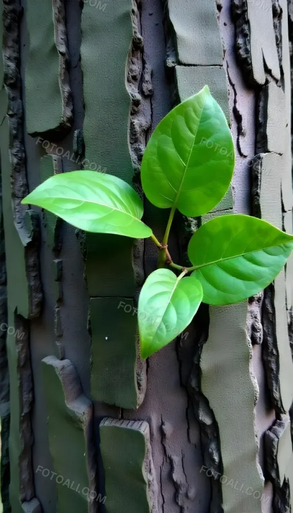 Three Green Leaves Growing From A Tree Trunk The Leaves Are Bright Green And Healthy The Tree Trunk Is Green And Weathered Nature Concept 9 C0a5