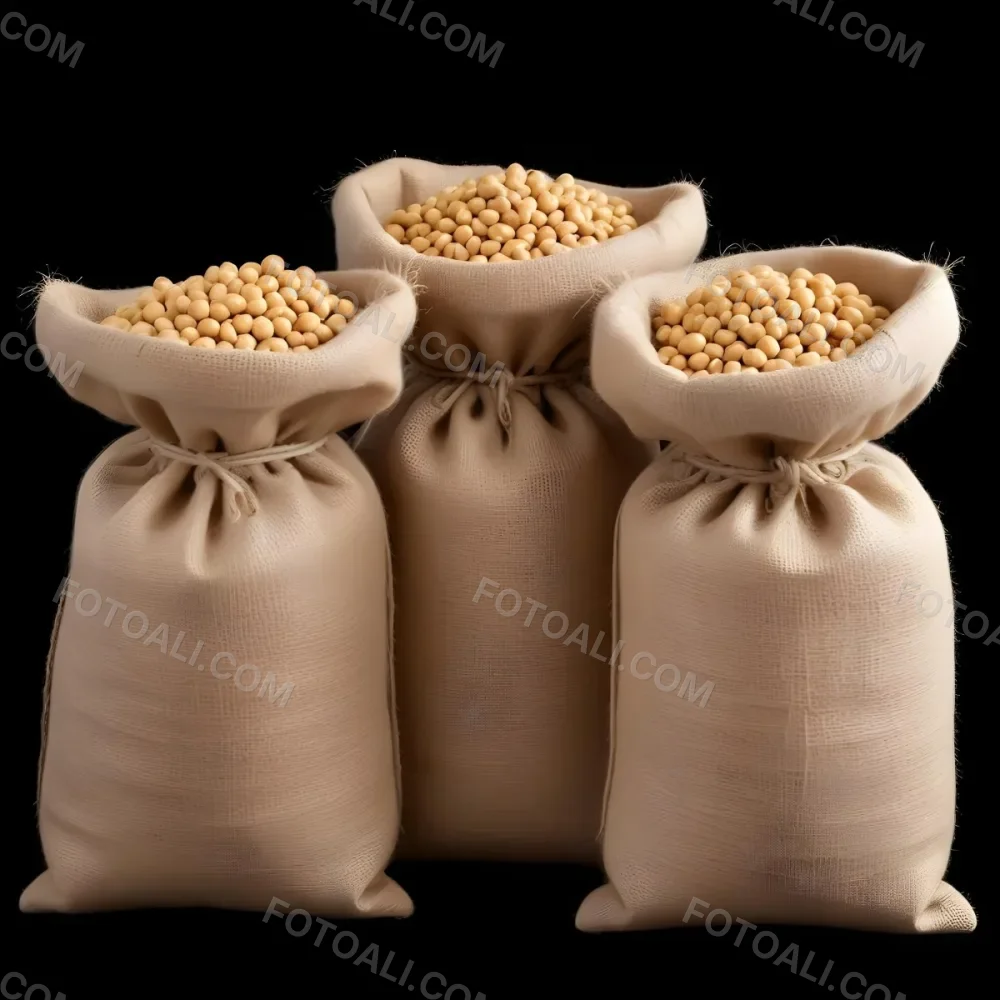 Three Jute Sacks Filled With Soybeans Tied With String Creating A Rustic And Textured Composition Against A Black Background 1 Bfbc