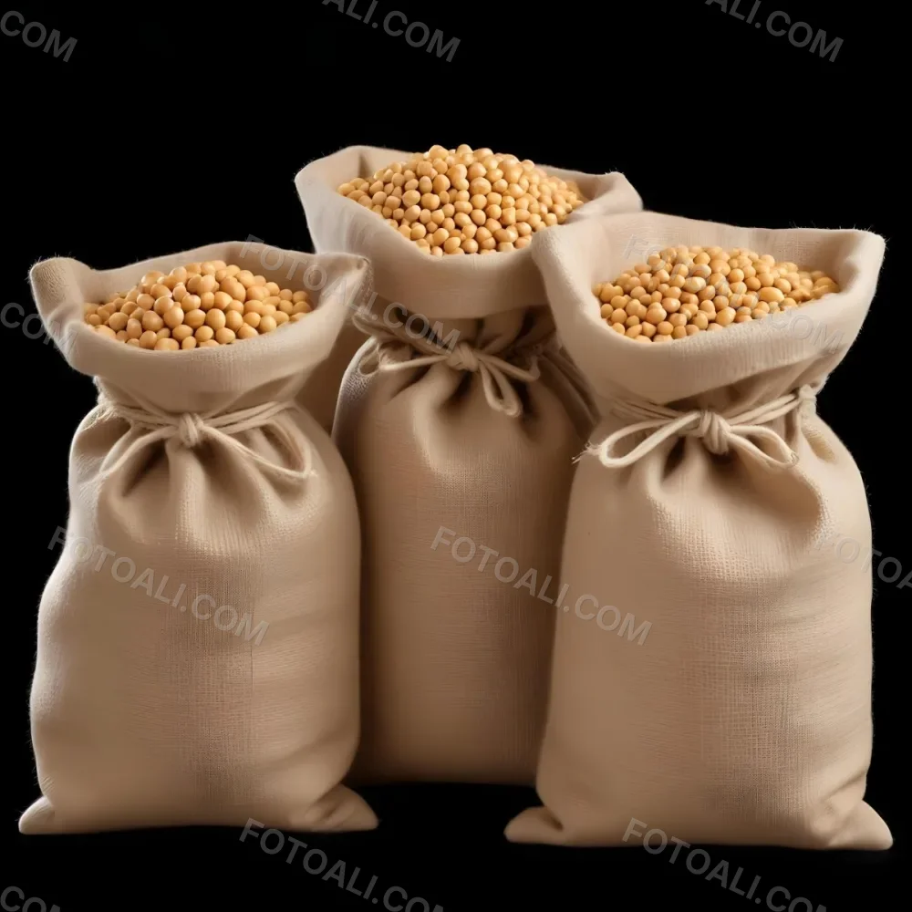 Three Jute Sacks Filled With Soybeans Tied With String Creating A Rustic And Textured Composition Against A Black Background 2 Ff2d