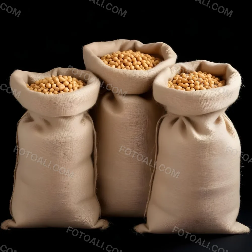 Three Jute Sacks Filled With Soybeans Tied With String Creating A Rustic And Textured Composition Against A Black Background 3 Fd37