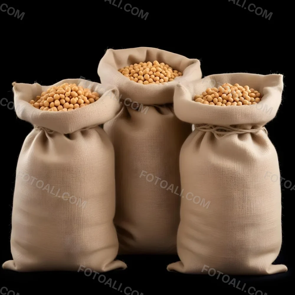 Three Jute Sacks Filled With Soybeans Tied With String Creating A Rustic And Textured Composition Against A Black Background 4 2fa5