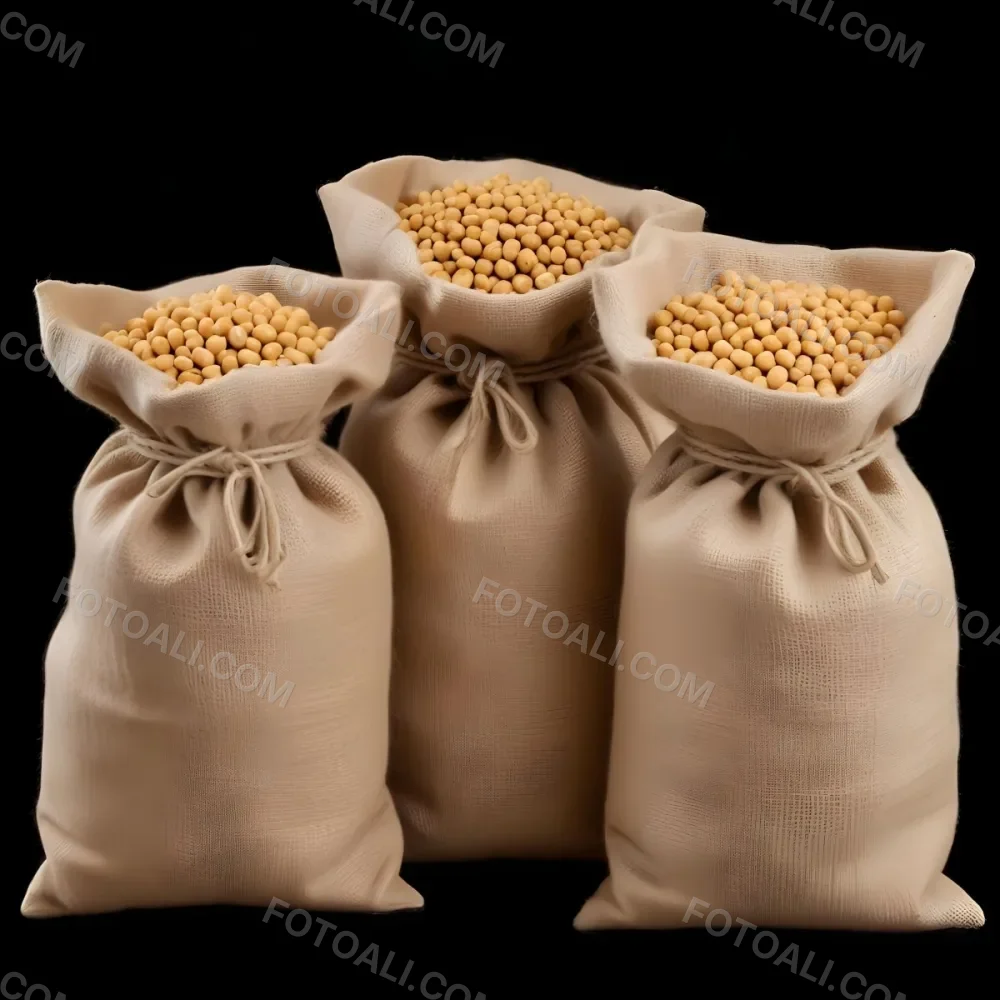 Three Jute Sacks Filled With Soybeans Tied With String Creating A Rustic And Textured Composition Against A Black Background 5 E9f3