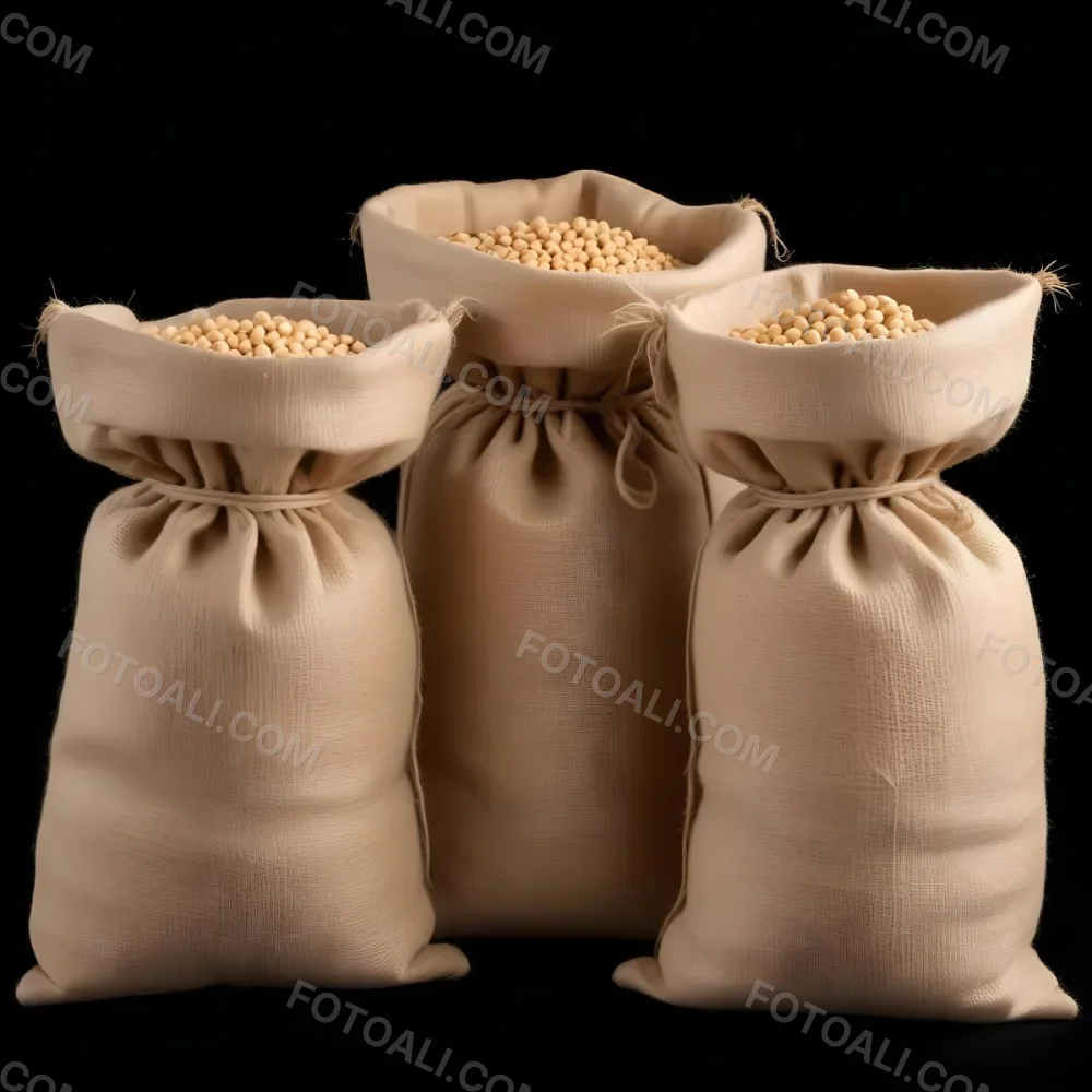Three Jute Sacks Filled With Soybeans Tied With String Creating A Rustic And Textured Composition Against A Black Background 9 869a