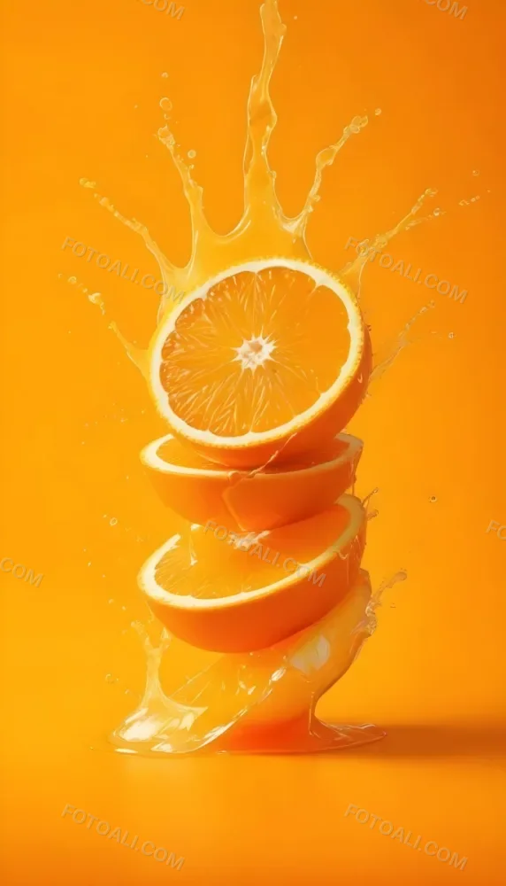 Three Orange Slices Stacked On Top Of Each Other With Juice Splashing Around Them Vibrant Orange Background Refreshing And Juicy Close Up Shot Studio Lighting Dynamic Composition 13 91a6