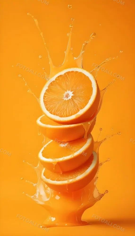 Three Orange Slices Stacked On Top Of Each Other With Juice Splashing Around Them Vibrant Orange Background Refreshing And Juicy Close Up Shot Studio Lighting Dynamic Composition 15 1215