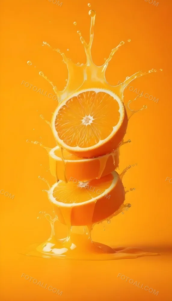 Three Orange Slices Stacked On Top Of Each Other With Juice Splashing Around Them Vibrant Orange Background Refreshing And Juicy Close Up Shot Studio Lighting Dynamic Composition 18 0cf2