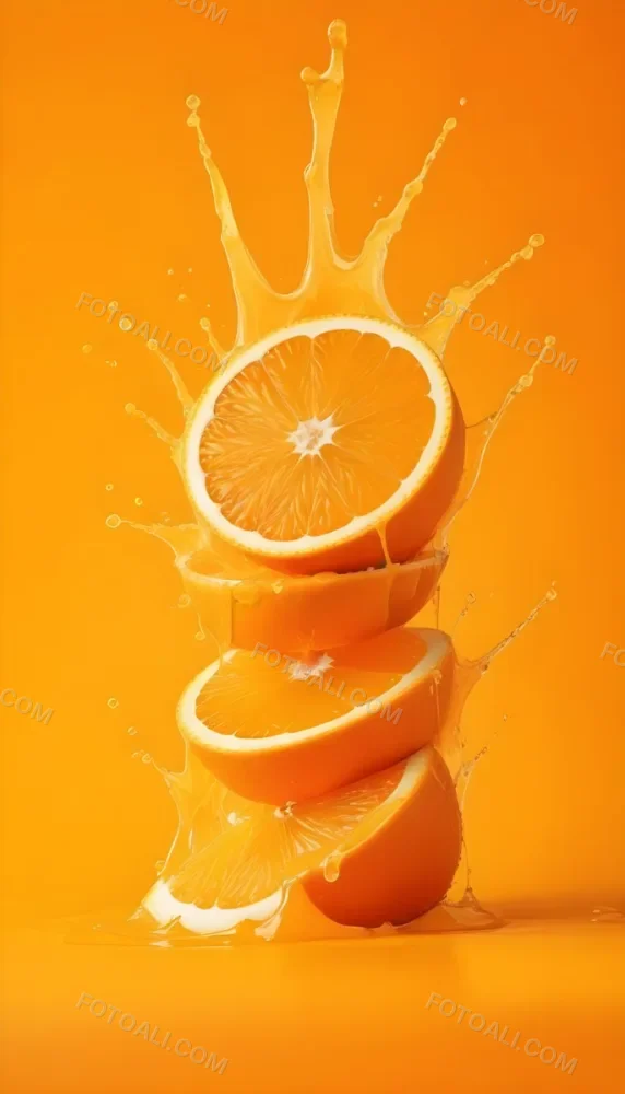 Three Orange Slices Stacked On Top Of Each Other With Juice Splashing Around Them Vibrant Orange Background Refreshing And Juicy Close Up Shot Studio Lighting Dynamic Composition 22 1fe1