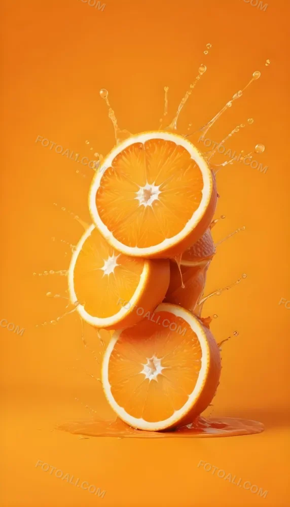 Three Orange Slices Stacked On Top Of Each Other With Juice Splashing Around Them Vibrant Orange Background Refreshing And Juicy Close Up Shot Studio Lighting Dynamic Composition 25 A205