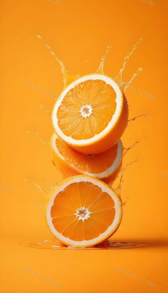 Three Orange Slices Stacked On Top Of Each Other With Juice Splashing Around Them Vibrant Orange Background Refreshing And Juicy Close Up Shot Studio Lighting Dynamic Composition 30 9c9e