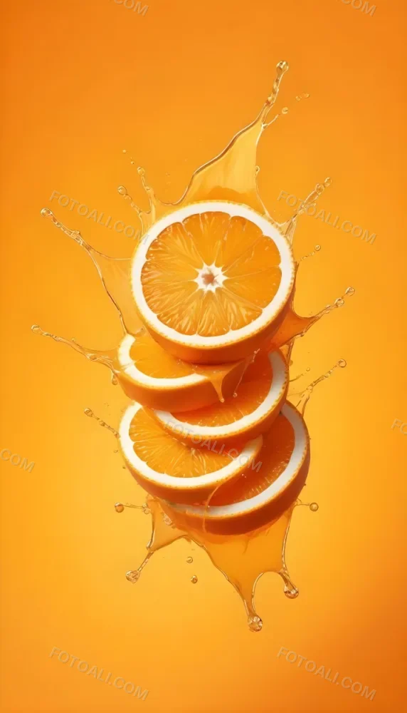 Three Orange Slices Stacked On Top Of Each Other With Juice Splashing Around Them Vibrant Orange Background Refreshing And Juicy Close Up Shot Studio Lighting Dynamic Composition 4 92d3
