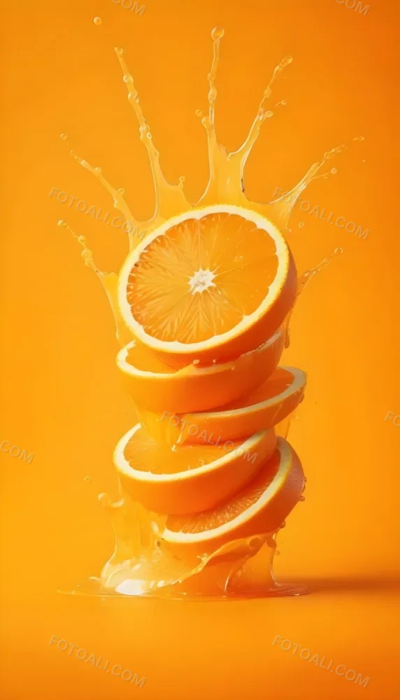 Three Orange Slices Stacked On Top Of Each Other With Juice Splashing Around Them Vibrant Orange Background Refreshing And Juicy Close Up Shot Studio Lighting Dynamic Composition 5 D62b