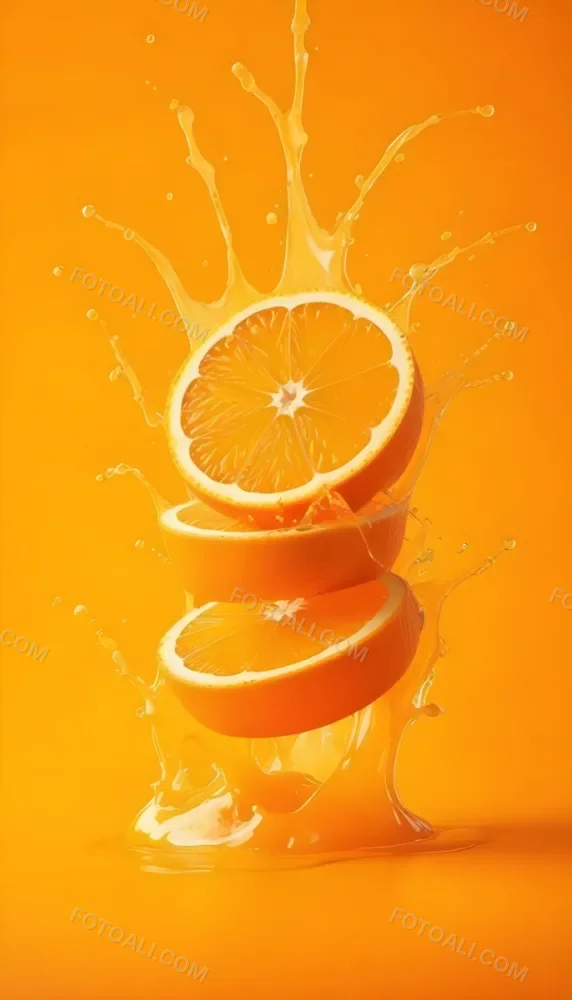 Three Orange Slices Stacked On Top Of Each Other With Juice Splashing Around Them Vibrant Orange Background Refreshing And Juicy Close Up Shot Studio Lighting Dynamic Composition 7 73cb