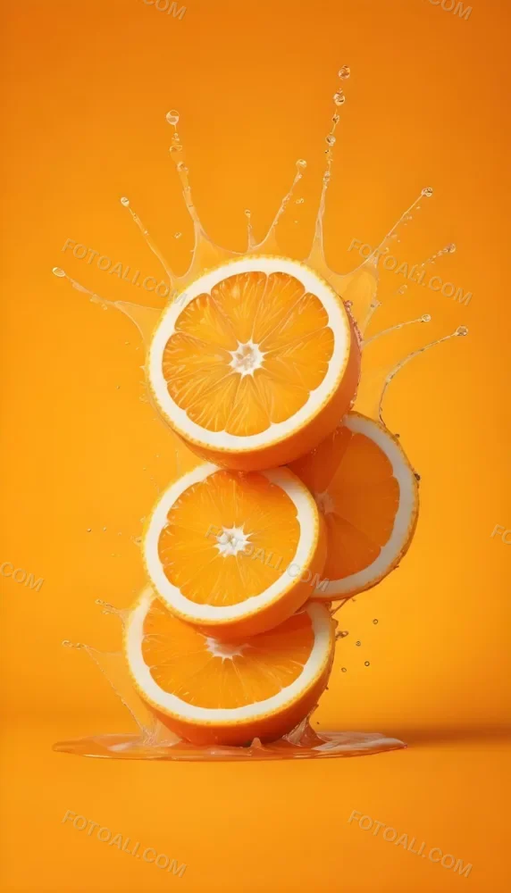 Three Orange Slices Stacked On Top Of Each Other With Juice Splashing Around Them Vibrant Orange Background Refreshing And Juicy Close Up Shot Studio Lighting Dynamic Composition 7 Ce8f