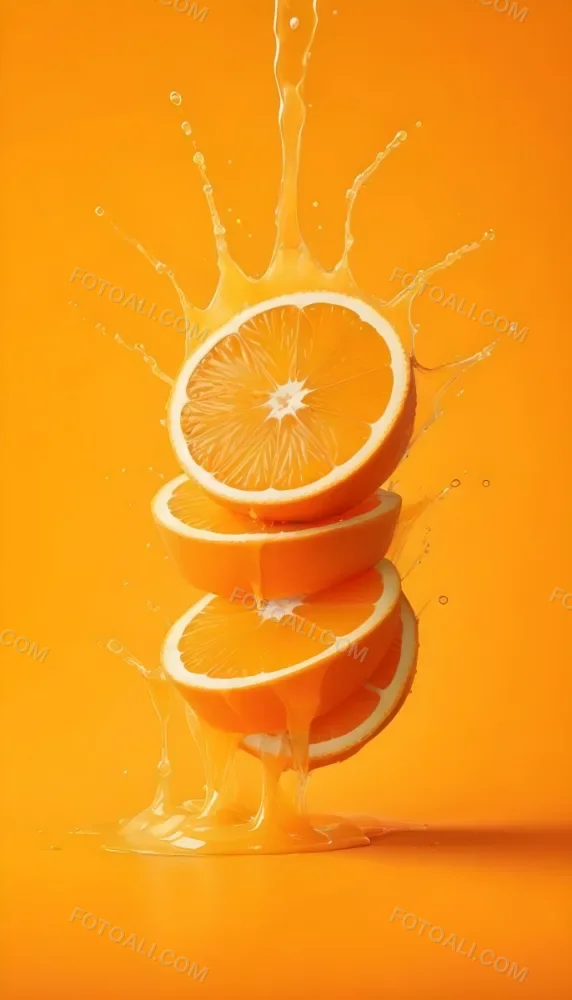 Three Orange Slices Stacked On Top Of Each Other With Juice Splashing Around Them Vibrant Orange Background Refreshing And Juicy Close Up Shot Studio Lighting Dynamic Composition 8 6e1b