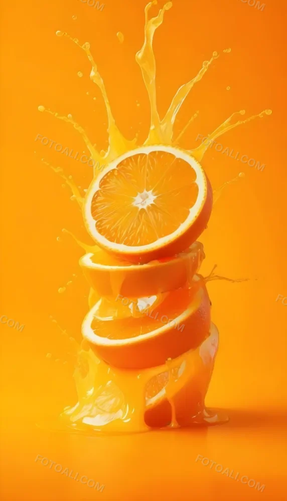 Three Orange Slices Stacked On Top Of Each Other With Juice Splashing Around Them Vibrant Orange Background Refreshing And Juicy Close Up Shot Studio Lighting Dynamic Composition 8 A6a9