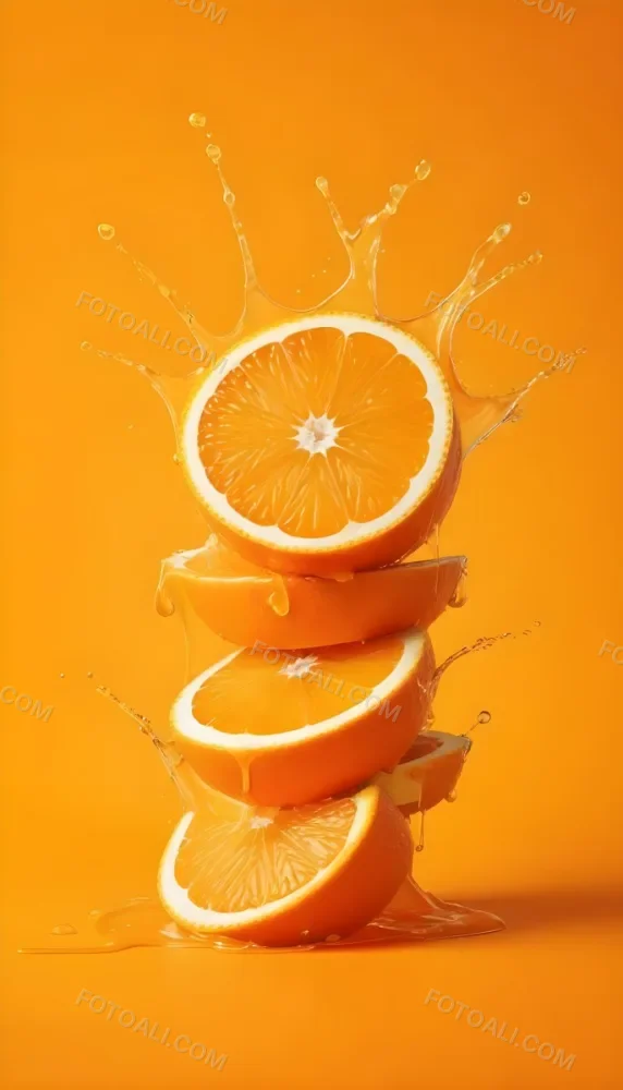 Three Orange Slices Stacked On Top Of Each Other With Juice Splashing Around Them Vibrant Orange Background Refreshing And Juicy Close Up Shot Studio Lighting Dynamic Composition 9 112c