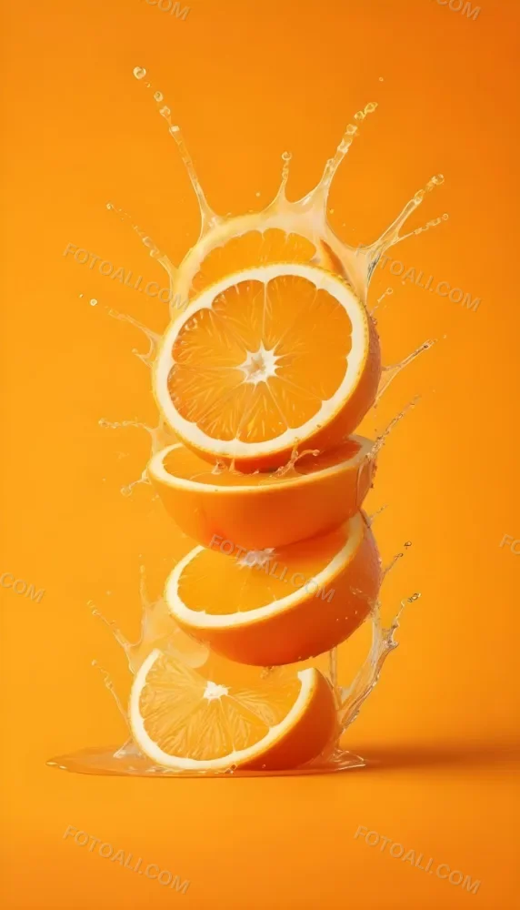 Three Orange Slices Stacked On Top Of Each Other With Juice Splashing Around Them Vibrant Orange Background Refreshing And Juicy Close Up Shot Studio Lighting Dynamic Composition 9 4c83