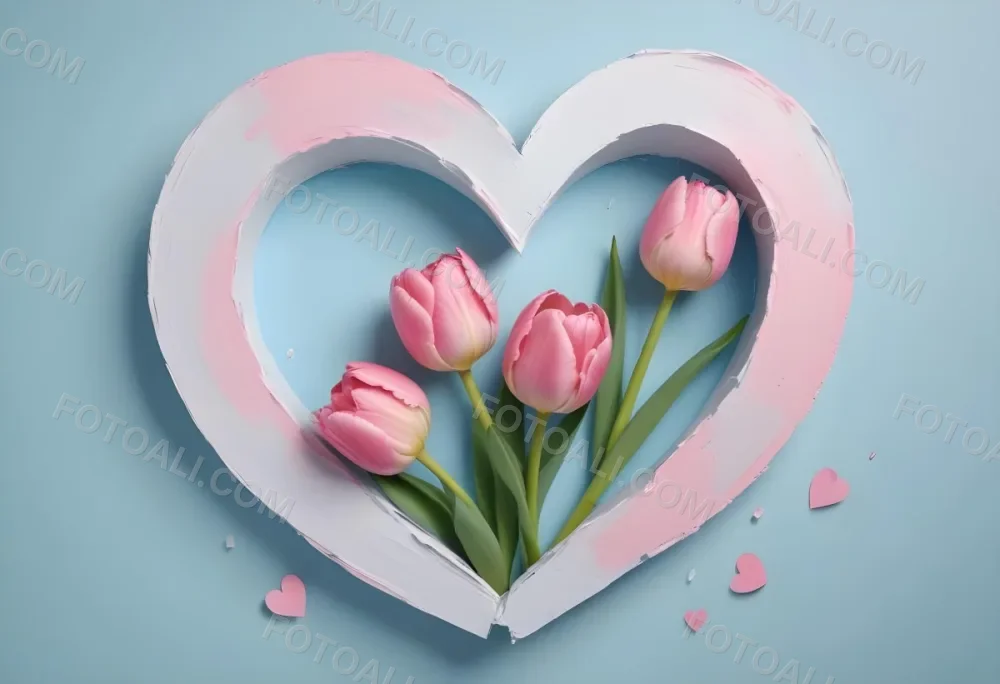 Three Pink Tulips Inside A Heart Shaped Hole With Some Paper Hearts Around In A Light Blue Background 13 62c3