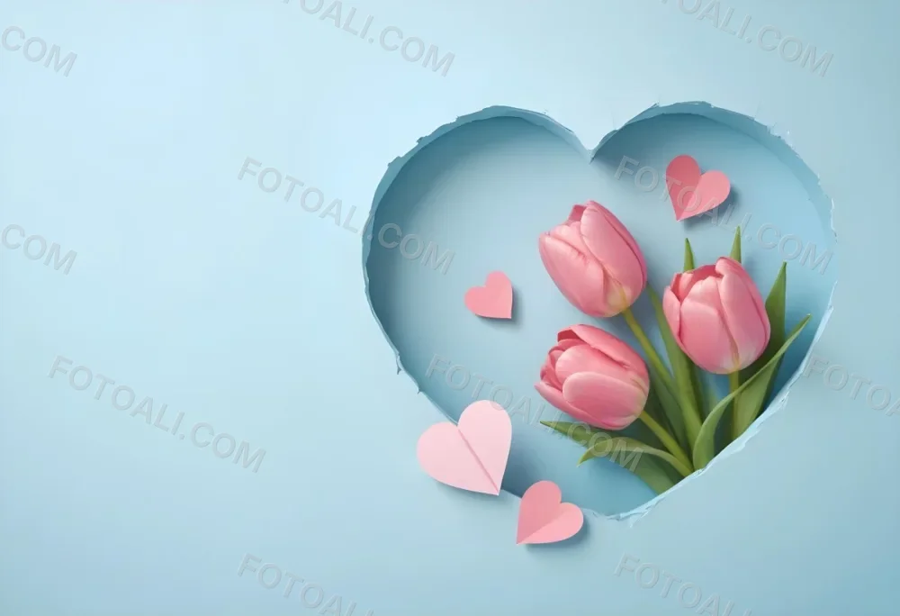Three Pink Tulips Inside A Heart Shaped Hole With Some Paper Hearts Around In A Light Blue Background 14 21fd