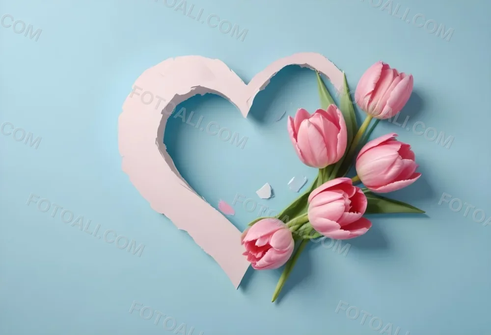 Three Pink Tulips Inside A Heart Shaped Hole With Some Paper Hearts Around In A Light Blue Background 16 Ddc0