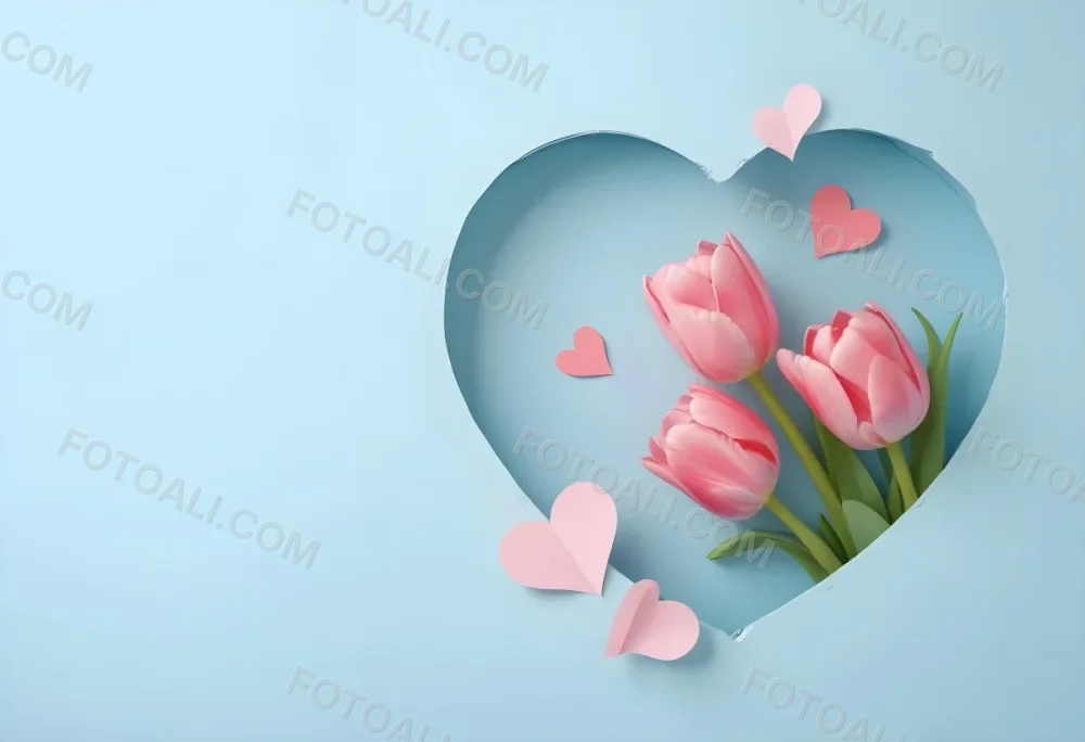 Three Pink Tulips Inside A Heart Shaped Hole With Some Paper Hearts Around In A Light Blue Background 2 A942
