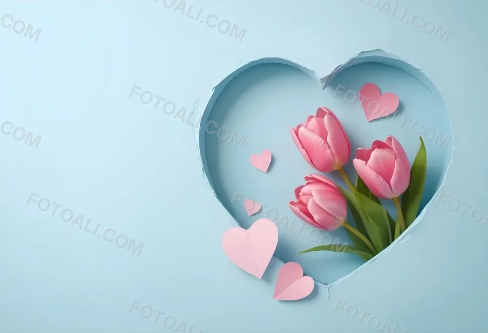 Three Pink Tulips Inside A Heart Shaped Hole With Some Paper Hearts Around In A Light Blue Background 23 673c