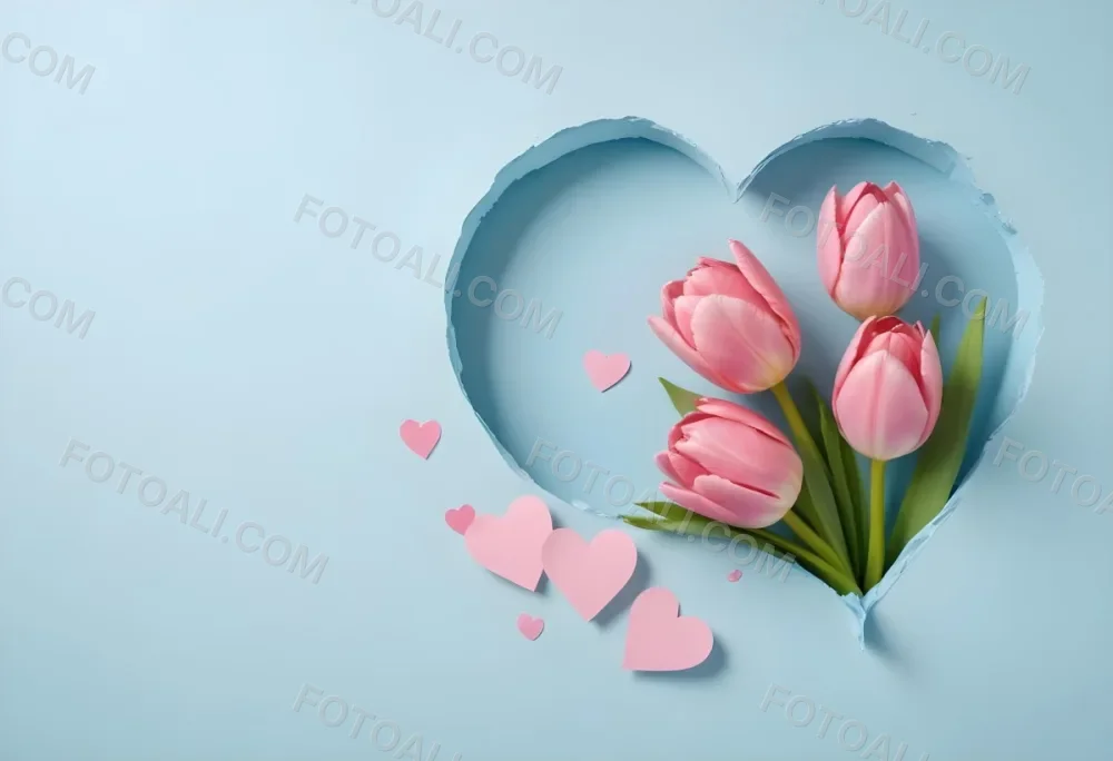 Three Pink Tulips Inside A Heart Shaped Hole With Some Paper Hearts Around In A Light Blue Background 26 Dbb5