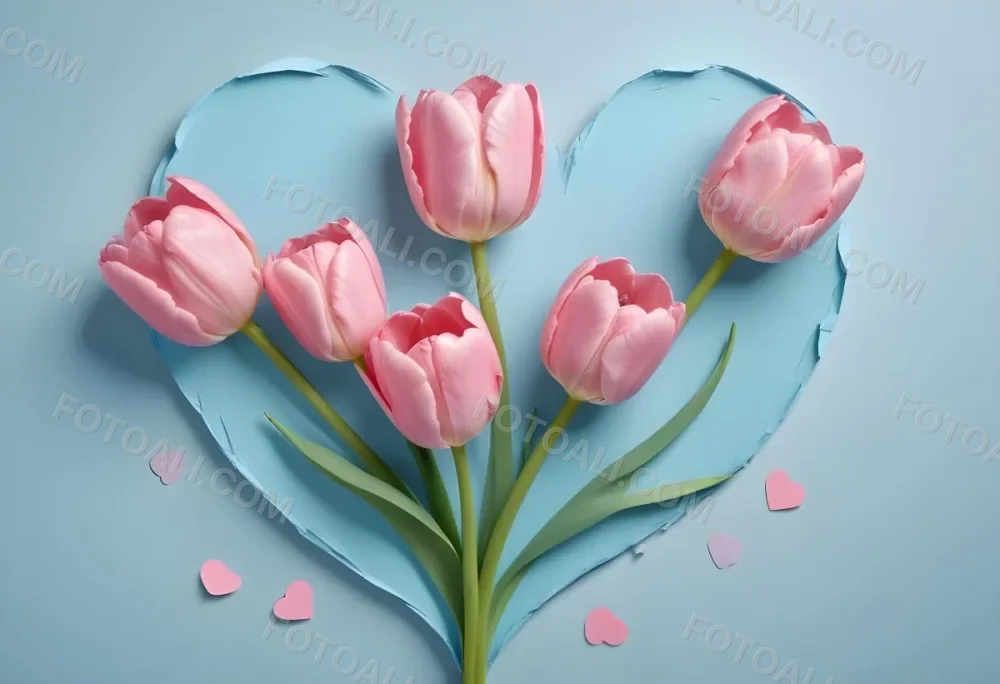 Three Pink Tulips Inside A Heart Shaped Hole With Some Paper Hearts Around In A Light Blue Background 28 6c04