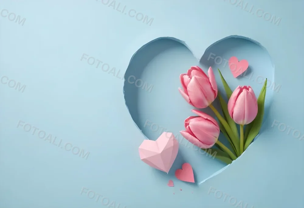 Three Pink Tulips Inside A Heart Shaped Hole With Some Paper Hearts Around In A Light Blue Background 29 F390