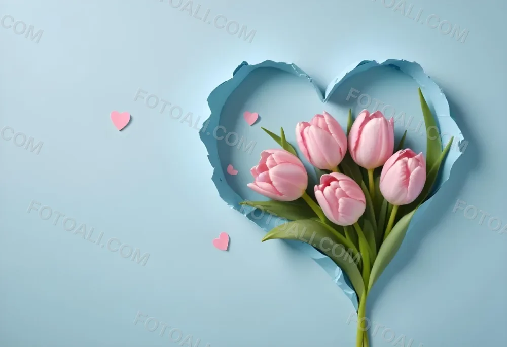 Three Pink Tulips Inside A Heart Shaped Hole With Some Paper Hearts Around In A Light Blue Background 3 Dda2