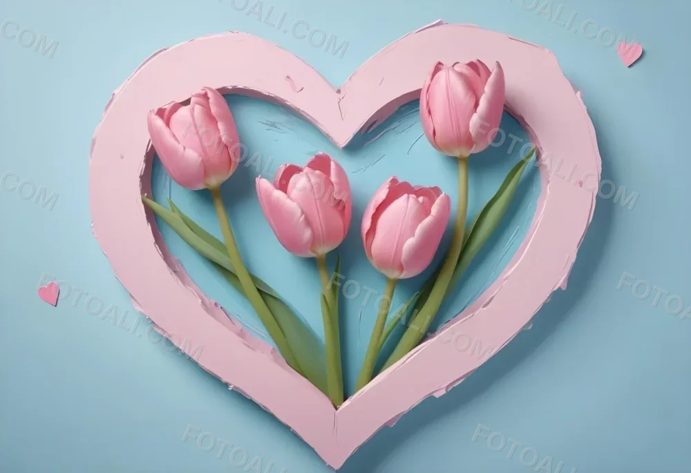 Three Pink Tulips Inside A Heart Shaped Hole With Some Paper Hearts Around In A Light Blue Background 30 B8c8