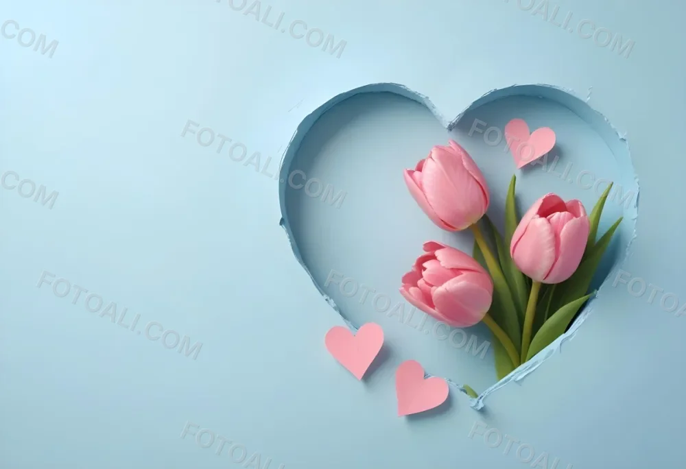 Three Pink Tulips Inside A Heart Shaped Hole With Some Paper Hearts Around In A Light Blue Background 31 8795