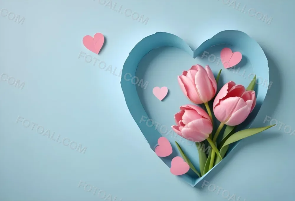 Three Pink Tulips Inside A Heart Shaped Hole With Some Paper Hearts Around In A Light Blue Background 7 12a4
