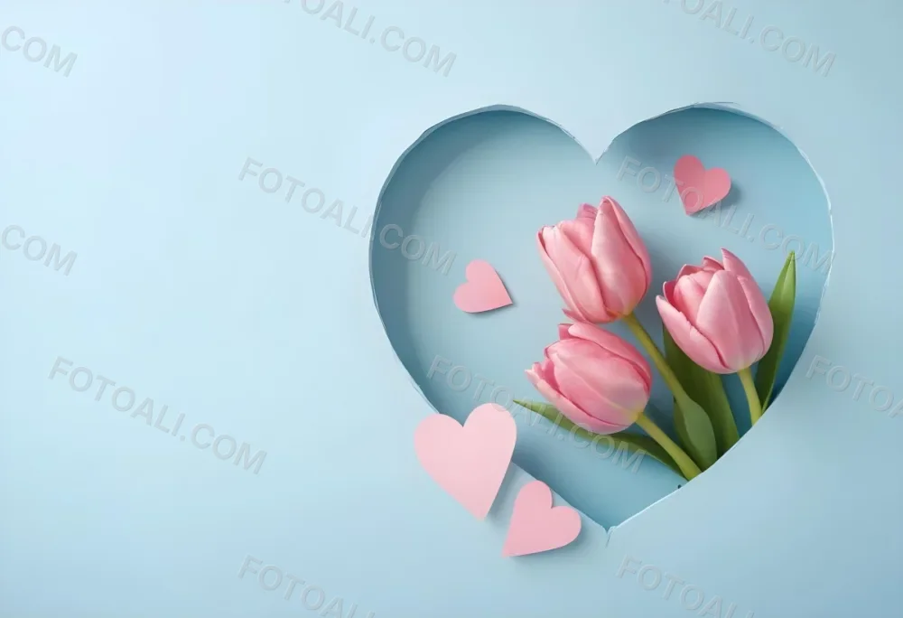 Three Pink Tulips Inside A Heart Shaped Hole With Some Paper Hearts Around In A Light Blue Background 8 2725