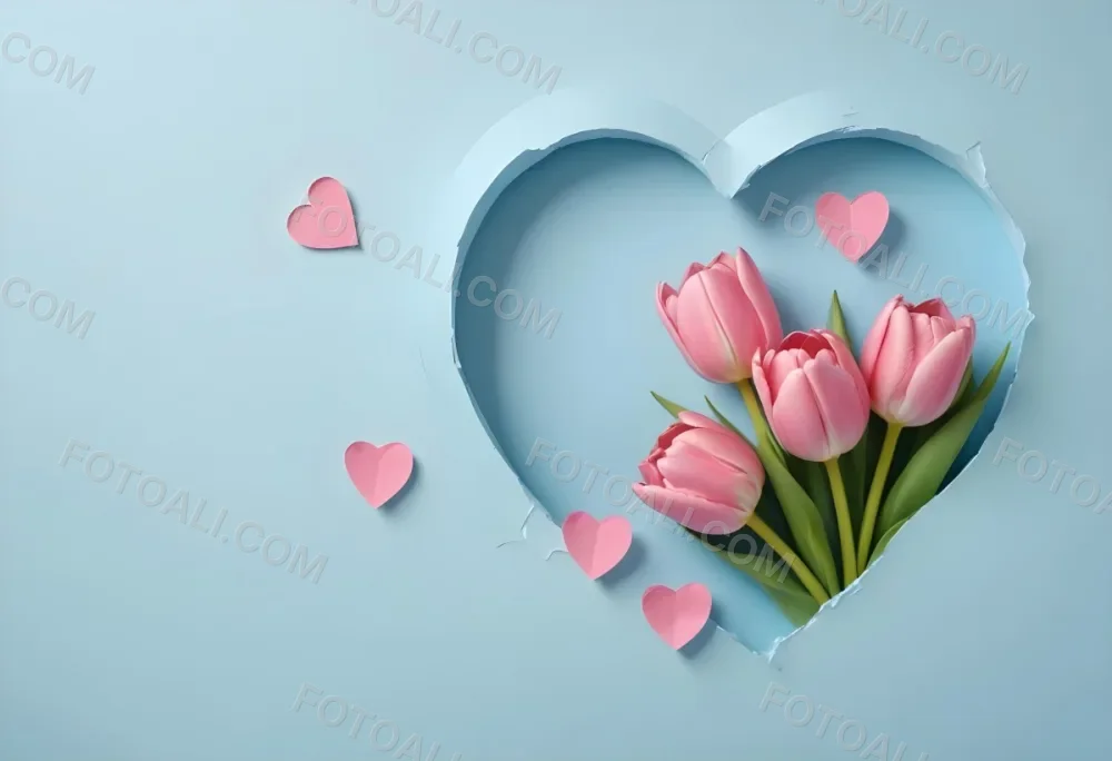 Three Pink Tulips Inside A Heart Shaped Hole With Some Paper Hearts Around In A Light Blue Background 9 4867