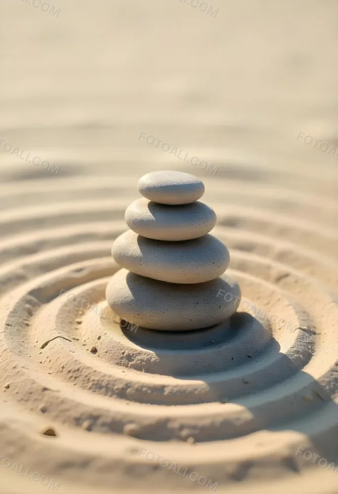 Three Stacked Stones On Sand With Concentric Circles The Background Is Made Of Sand With Parallel Circles 1 Ffa8