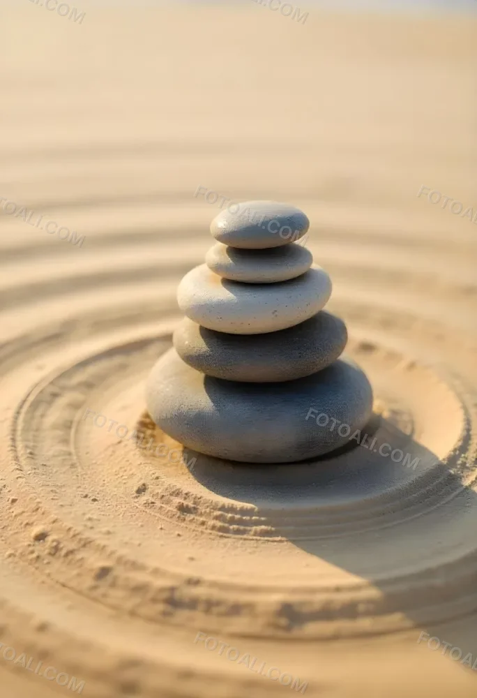 Three Stacked Stones On Sand With Concentric Circles The Background Is Made Of Sand With Parallel Circles 14 4418