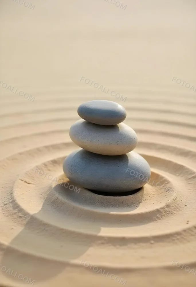 Three Stacked Stones On Sand With Concentric Circles The Background Is Made Of Sand With Parallel Circles 30 716d