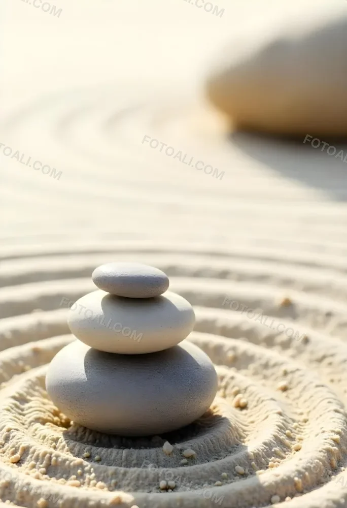 Three Stacked Stones On Sand With Concentric Circles The Background Is Made Of Sand With Parallel Circles 4 C2c6