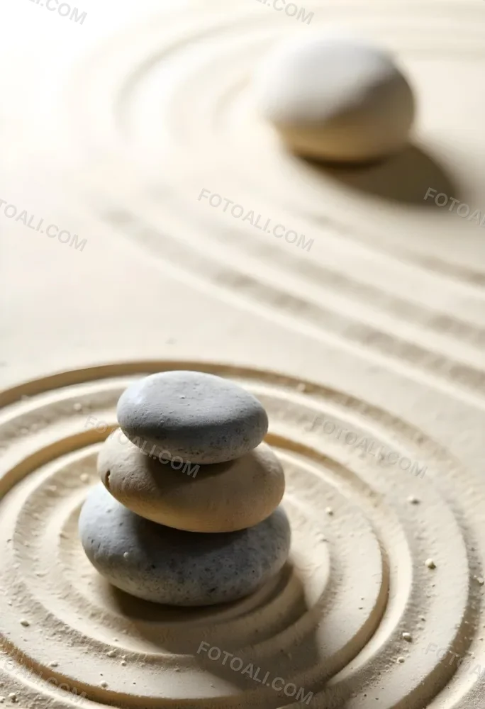 Three Stacked Stones On Sand With Concentric Circles The Background Is Made Of Sand With Parallel Circles 6 7220